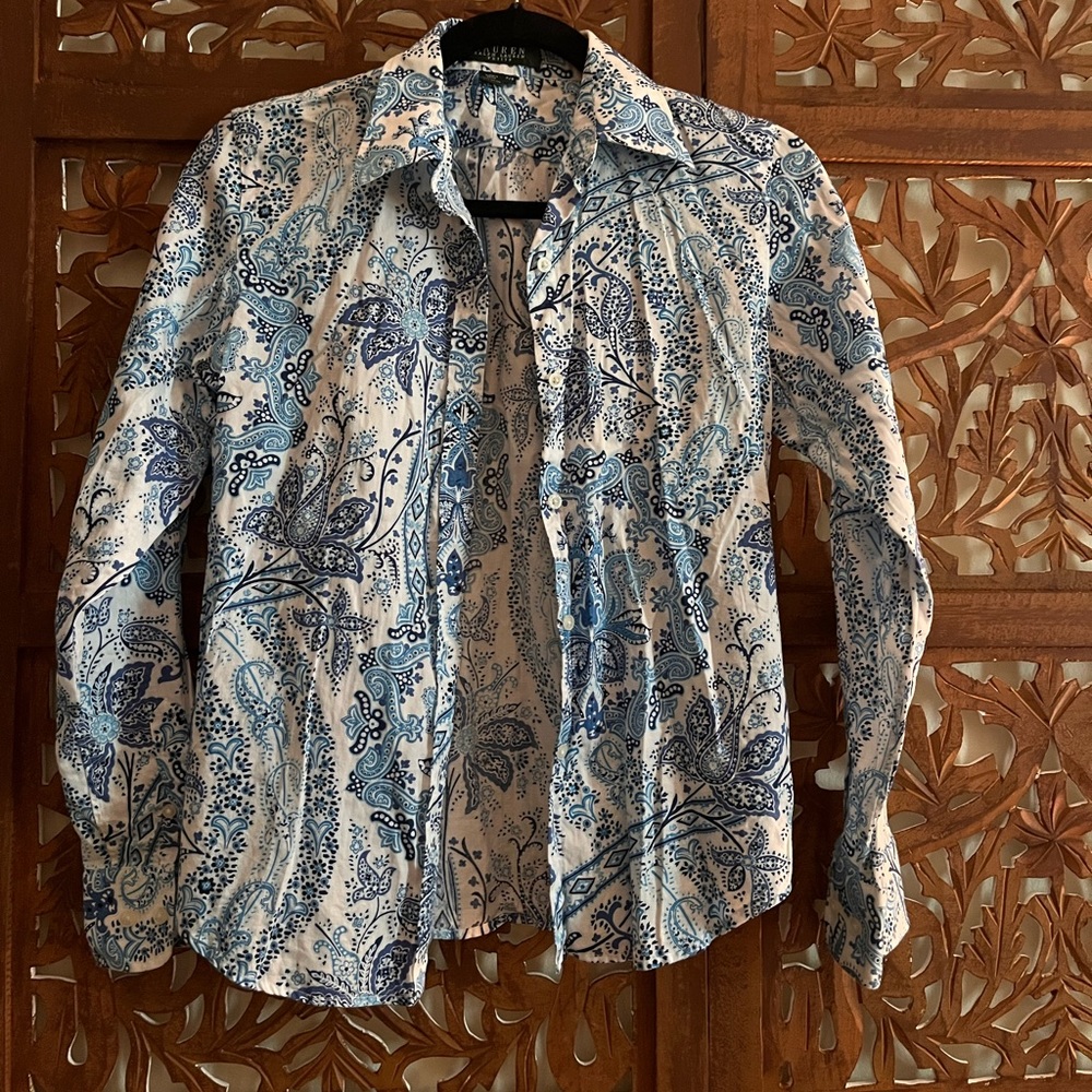 Ralph Lauren western paisley blue white pattern womens shirt